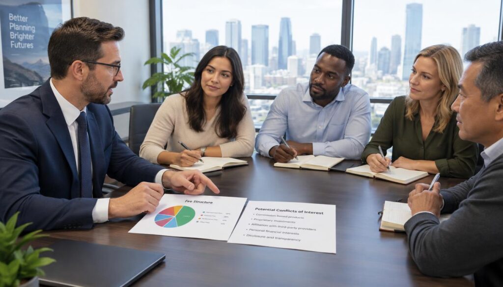 Advisor explaining fee structure and possible conflicts of interest