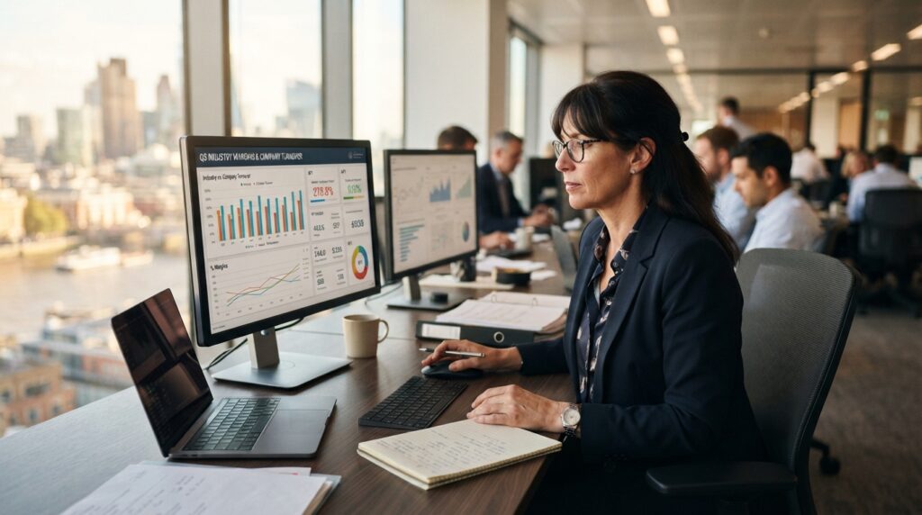 Analyst comparing industry margin and company turnover measures