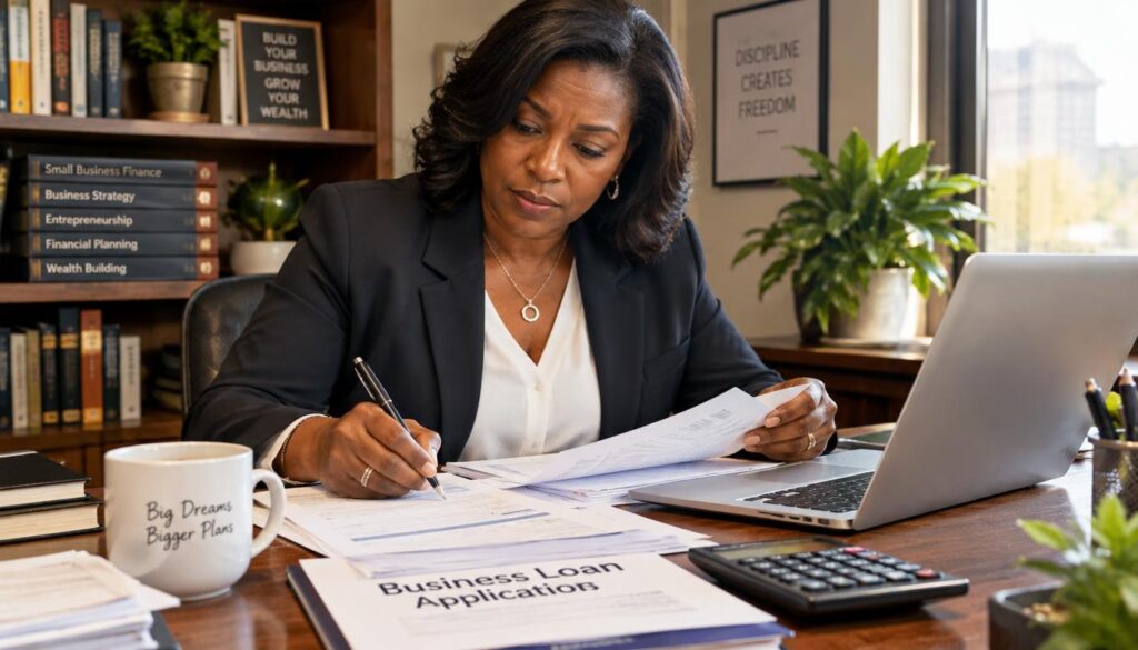 Business owner prepares a $200,000 business loan application