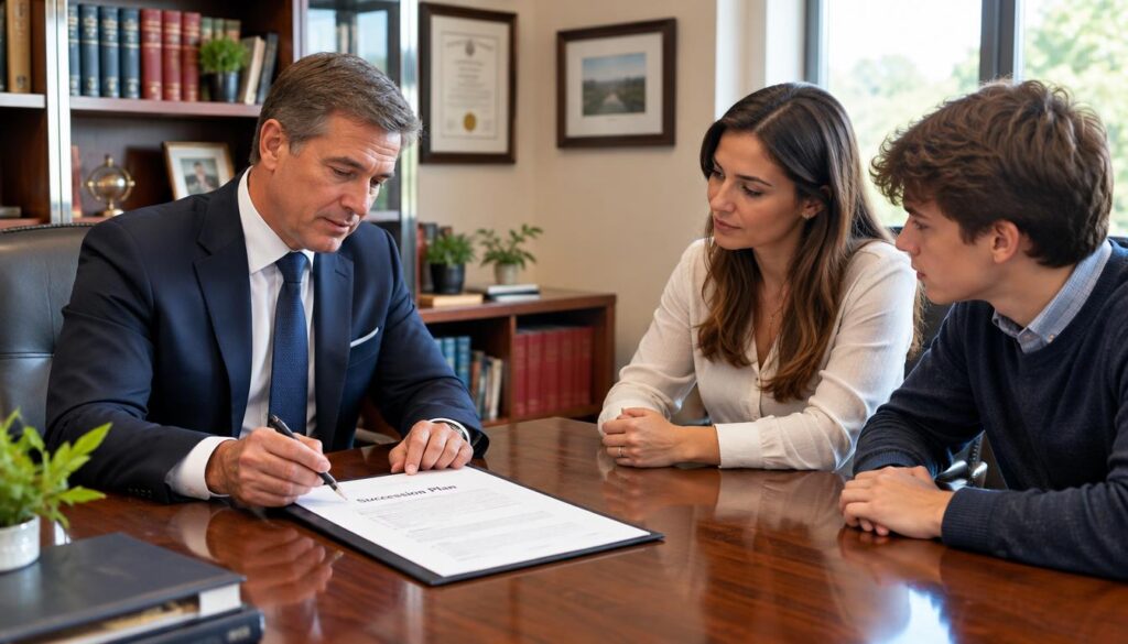 Business owner reviewing a written succession plan with family Business owner reviewing a written succession plan with family