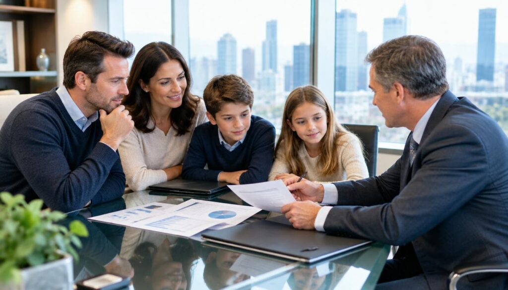 Family asking an advisor about access and wealth planning responsibilities Family asking an advisor about access and wealth planning responsibilities
