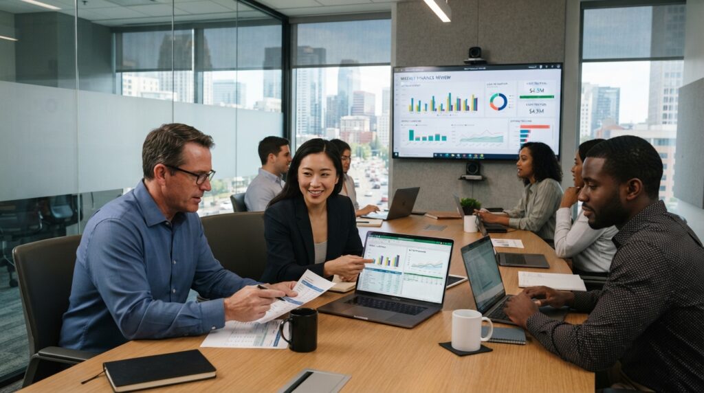 Finance and operations teams review weekly cash data