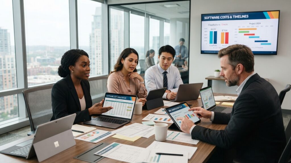 Finance team compares planning software costs and implementation times Finance team compares planning software costs and implementation times