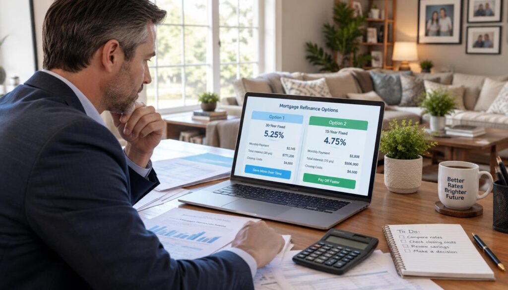 Homeowner comparing refinance types and loan terms Homeowner comparing refinance types and loan terms