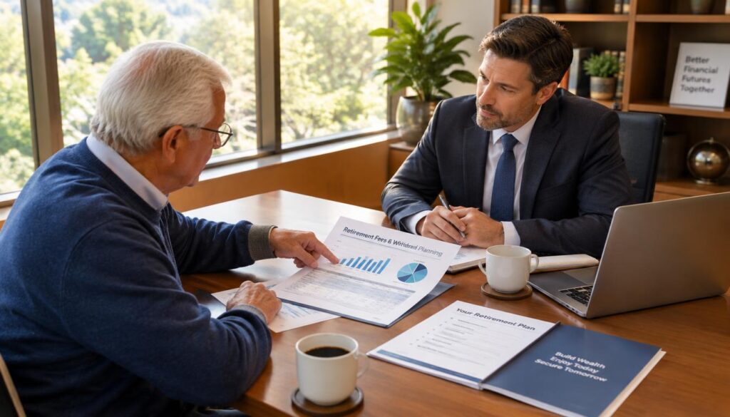 Retiree asking a financial advisor about fees and withdrawal planning