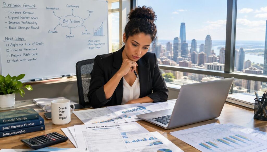 Startup founder preparing a business line credit application Startup founder preparing a business line credit application