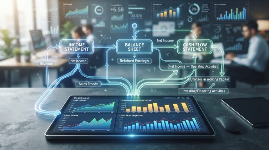 Three-statement model connecting forecast sales with cash flow