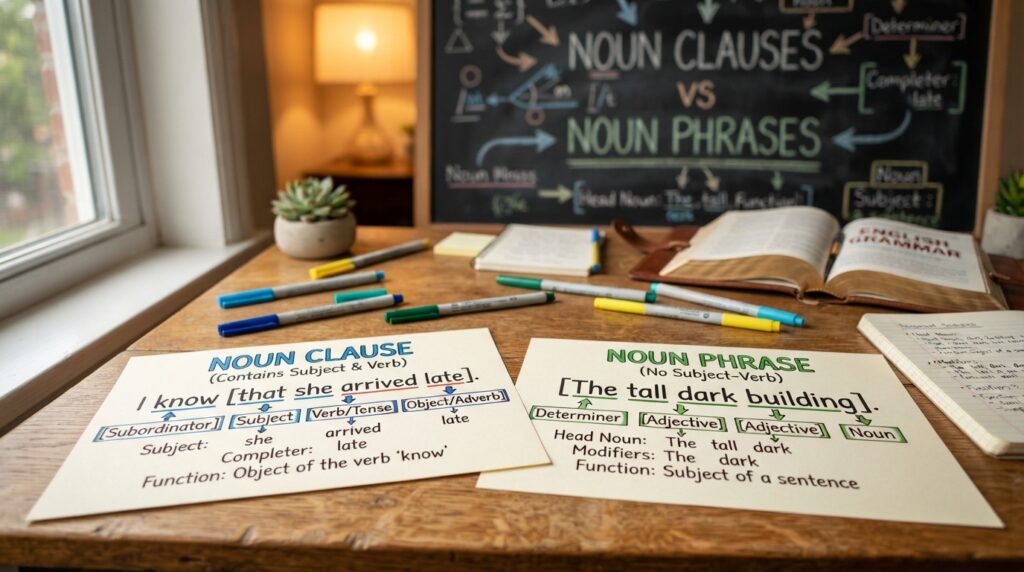 perbedaan noun clause dan noun phrase